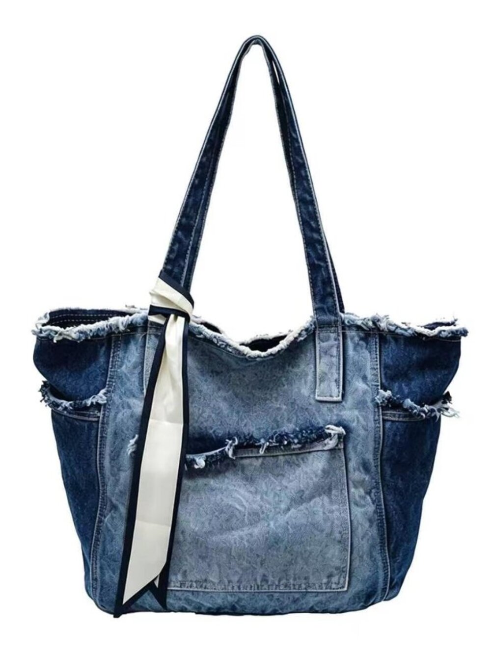 Large Capacity Denim Tote Bag, Retro Blue, Frayed Edge, Comfortable Shoulder